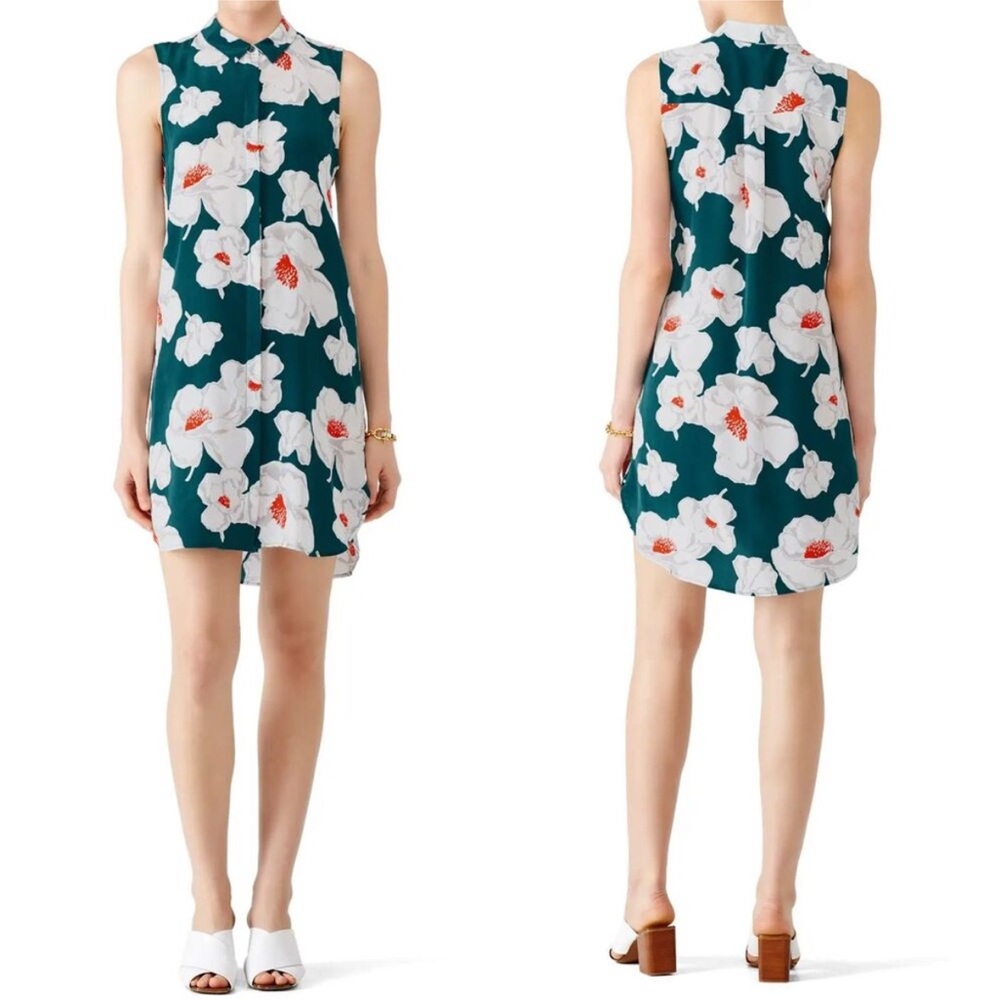 Equipment Janna Teal Floral Sleeveless Silk Button-Up Mini Dress